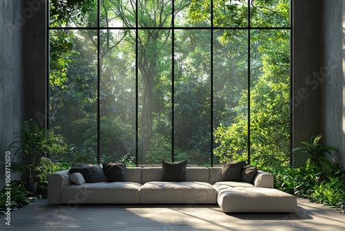 A Sectional Sofa In A Modern Room With Large Windows Overlooking Lush Greenery photo