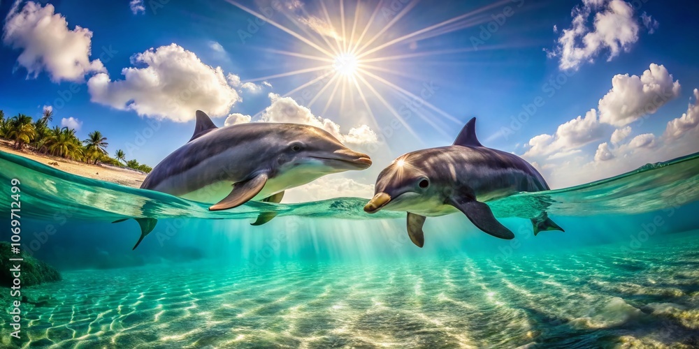 Fototapeta premium Captivating Candid Moments of Dolphins Swimming Gracefully in the Pristine Waters of the Cayman Islands Under the Sunlight, Showcasing Their Playful Nature and Serenity