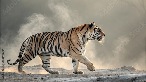 Majestic Tiger Stretching in a Smoky Landscape