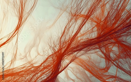 An abstract composition featuring intricate strands of red against a soft background, creating a sense of movement and fluidity, evoking emotions of passion and energy. photo