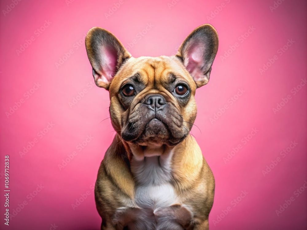 Captivating Candid Portrait of a French Bulldog Against a Pink Background for a Dog Food, Treats, and Toys Promotional Banner Captivating Candid Portrait of a French Bulldog Against a Pink Background for a Dog Food, Treats, and Toys Promotional Banner