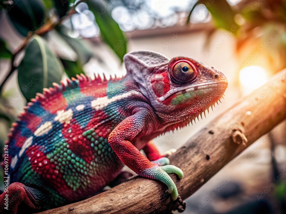 Captivating Chameleons: A Colorful Display of Nature's Master of Camouflage with Bokeh Effect in a Lush Green Environment Captivating Chameleons: A Colorful Display of Nature's Master of Camouflage with Bokeh Effect in a Lush Green Environment