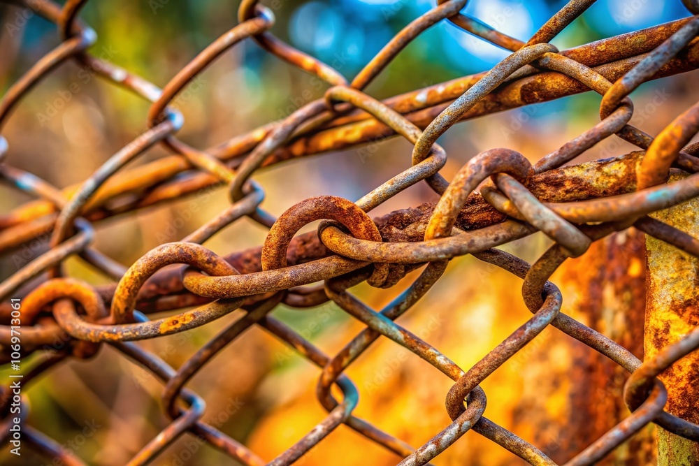 Captivating Close-Up of a Metal Rusty Chain Link Fence with Barbed Wire, Showcasing Weathered Textures and Industrial Aesthetic for Urban and Rural Settings Captivating Close-Up of a Metal Rusty Chain Link Fence with Barbed Wire, Showcasing Weathered Textures and Industrial Aesthetic for Urban and Rural Settings
