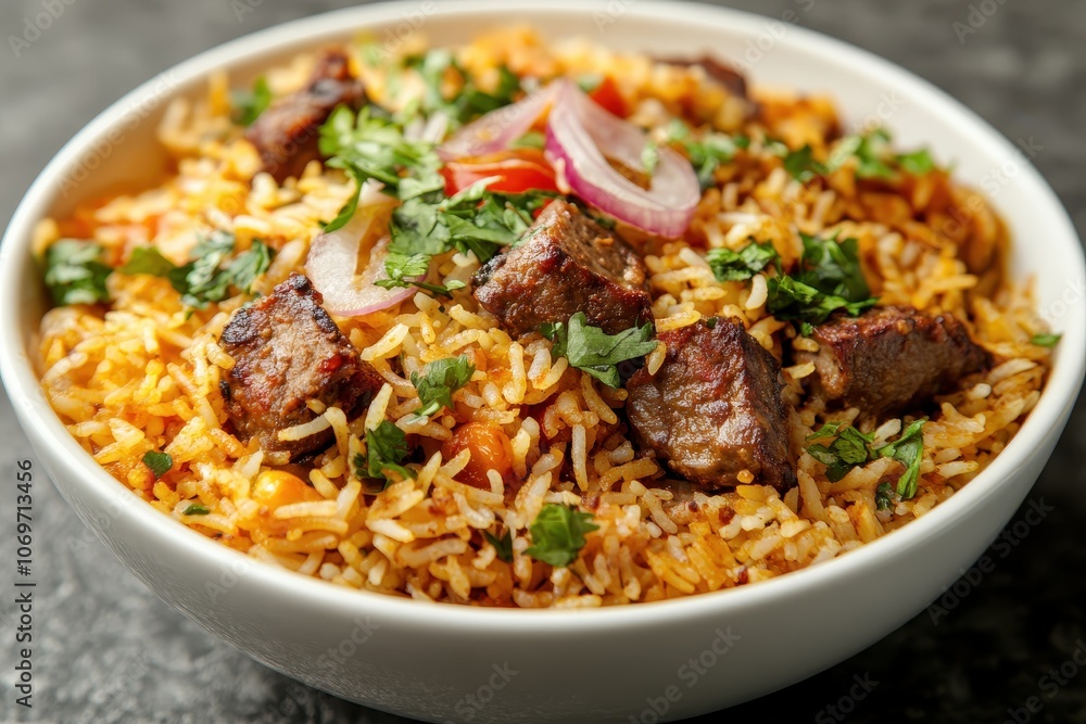 A bowl of flavorful biryani with meat. This is a photo of a popular South Asian dish, perfect for representing food, culture, and cuisine. A bowl of flavorful biryani with meat. This is a photo of a popular South Asian dish, perfect for representing food, culture, and cuisine.