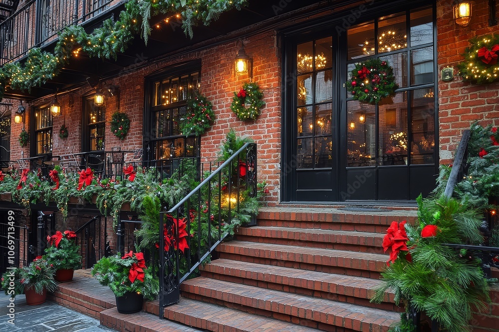Fototapeta premium Exterior view of a Christmas-decorated Brooklyn apartment building with wreaths, lights, and greenery along the steps, with a coffee shop in the background.