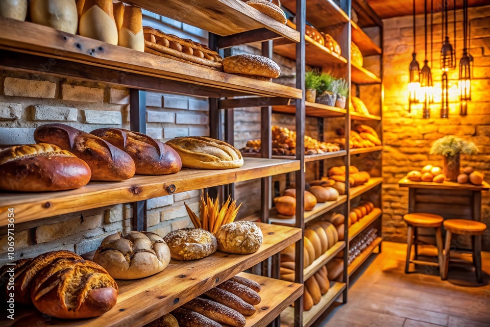 Captivating Display of Artisanal Breads in a Rustic Bakery Setting, Showcasing a Variety of Loaves on Shelves, Perfect for Food Enthusiasts and Culinary Inspiration Captivating Display of Artisanal Breads in a Rustic Bakery Setting, Showcasing a Variety of Loaves on Shelves, Perfect for Food Enthusiasts and Culinary Inspiration