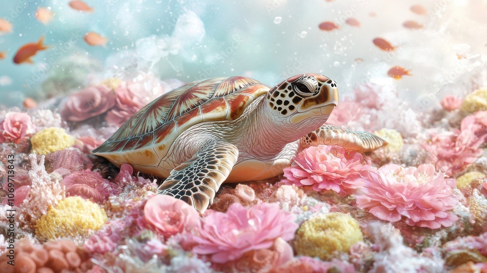 Obraz premium Sea Turtle Among Colorful Underwater Flowers and Fish
