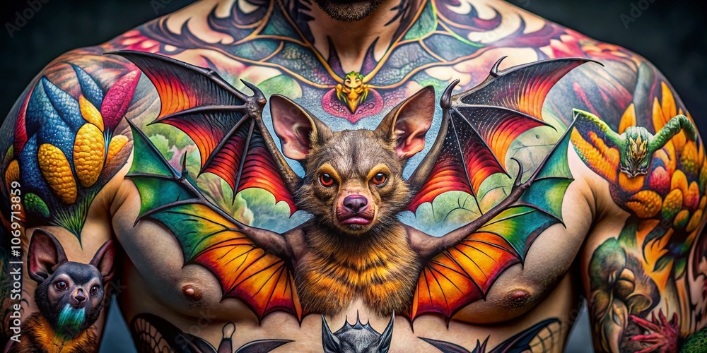 Fototapeta premium Captivating Documentary Photography of Intricately Designed Bat Tattoos Showcasing Artistic Expression and Cultural Symbolism in Various Styles and Ink Techniques