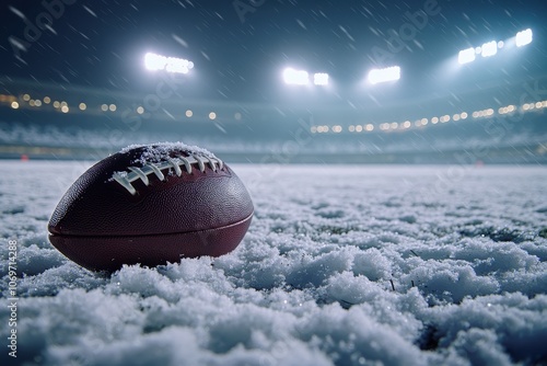 American football on a snowy field. This photo is perfect for showcasing the wintery conditions of a sporting event.
