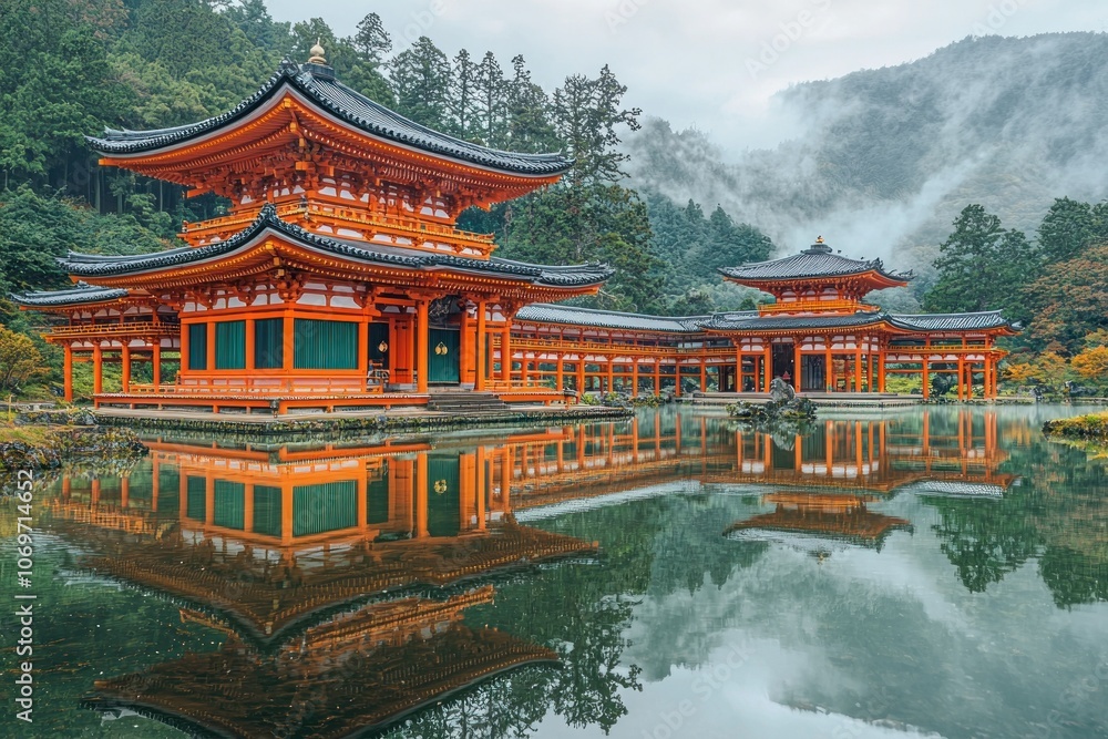 Fototapeta premium Japanese Temple Reflecting in Calm Pond Surrounded by Lush Greenery