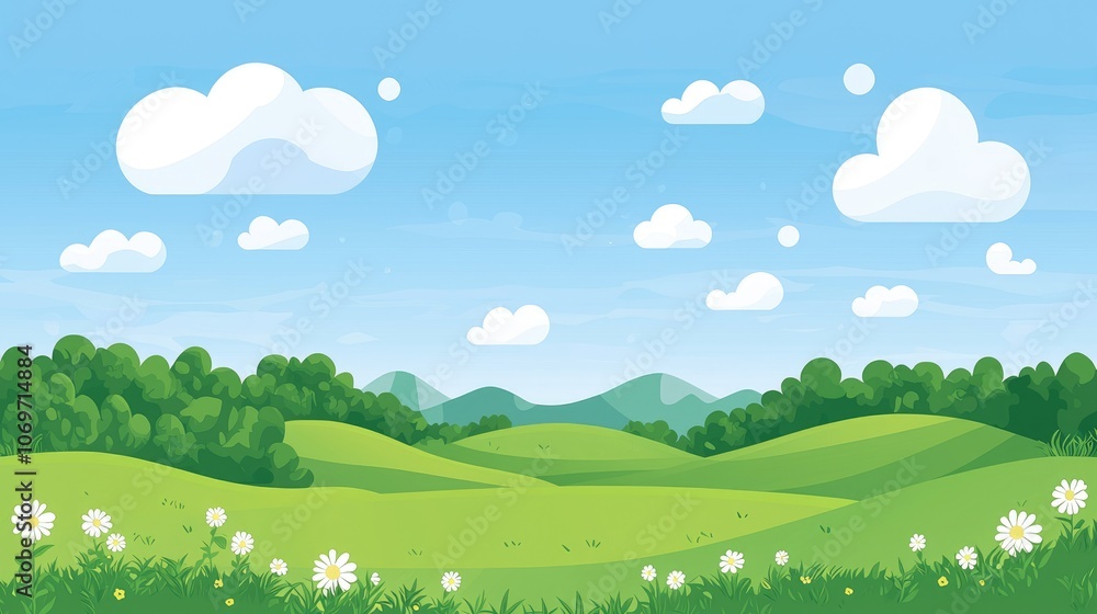 A vibrant green grassy meadow with rolling hills, white daisies and blue sky with fluffy clouds A vibrant green grassy meadow with rolling hills, white daisies and blue sky with fluffy clouds