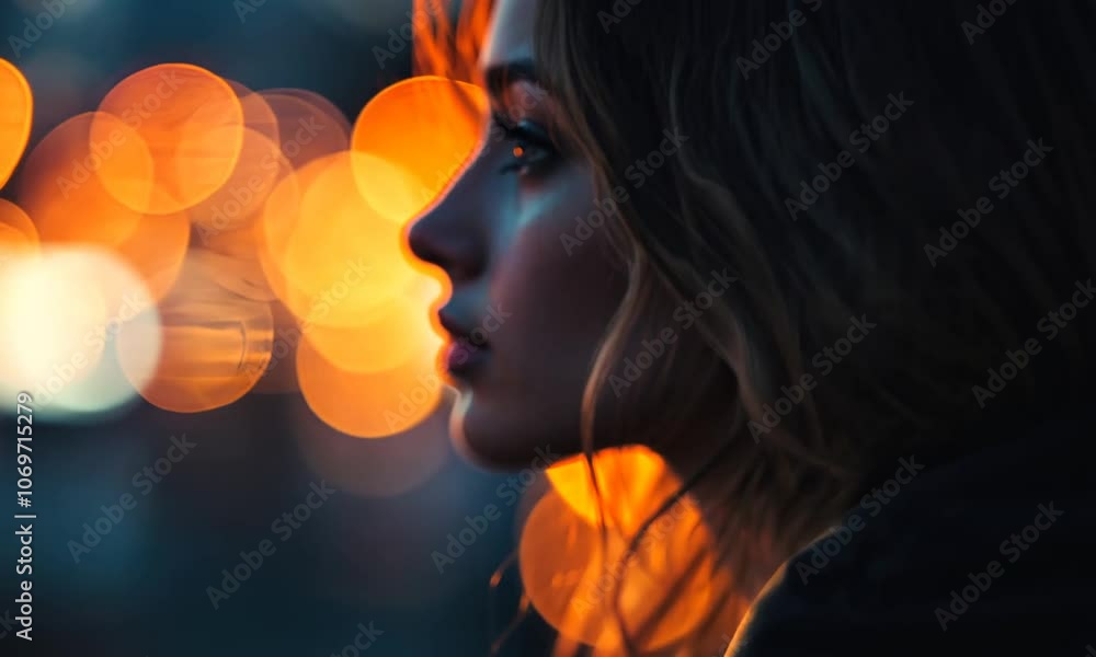 Silhouette of a Woman in Profile Against Vibrant Bokeh Light Background at Twilight Silhouette of a Woman in Profile Against Vibrant Bokeh Light Background at Twilight
