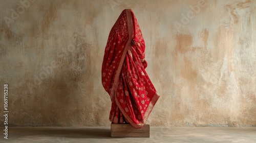 A traditional Banarasi sari in bright red, draped gracefully on a wooden stand, showcasing its shimmering zari work against a muted beige backdrop photo