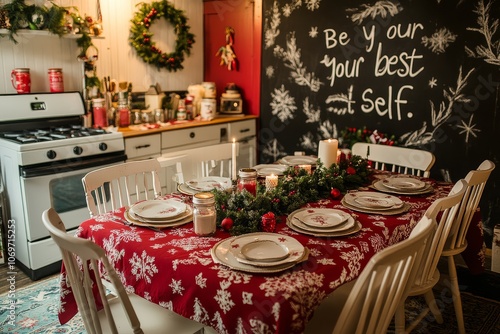 Festive Christmas dining table with red accents, white chairs, wreaths, candles, greenery, and a traditional electric stove. Chalk drawings with 