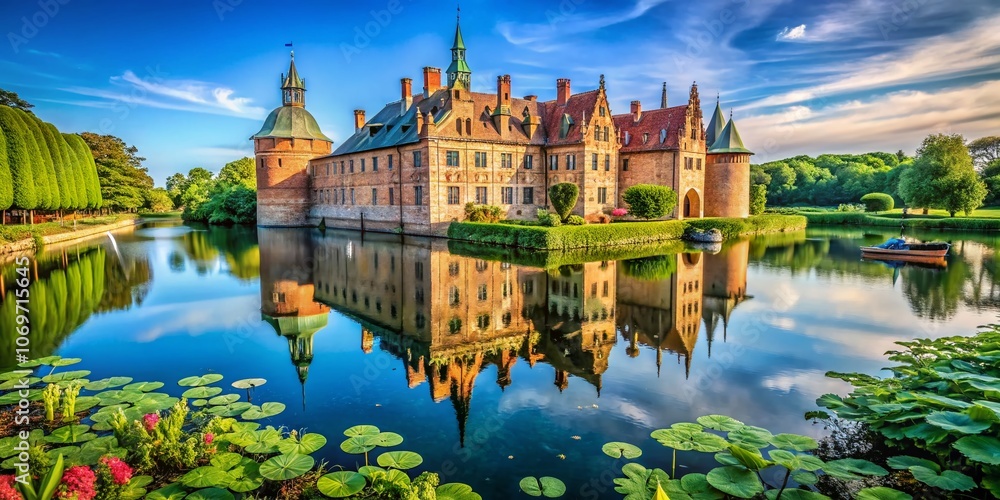 Naklejka premium Captivating Egeskov Water Castle on Funen Island, Southern Denmark: A Stunning Reflection of Historical Architecture Surrounded by Lush Gardens and Serene Waterways