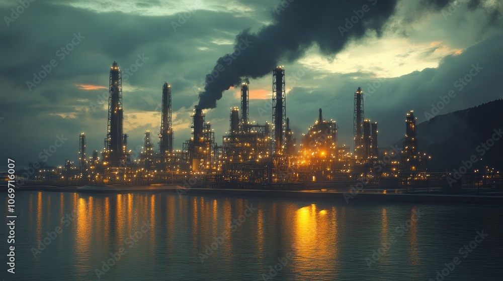 A sprawling industrial refinery by the coast symbolizing industry, energy production, and strategic location. A sprawling industrial refinery by the coast symbolizing industry, energy production, and strategic location.