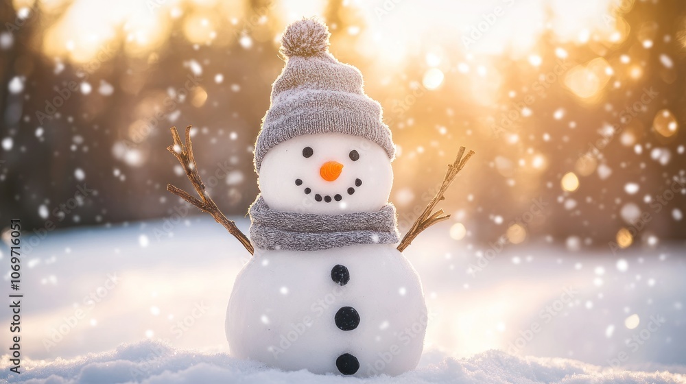 Fototapeta premium A cheerful snowman stands in a snowy landscape with a warm glow in the background.