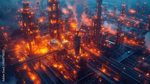 A colorful illustration of an industrial refinery symbolizing industry, energy production, and creativity.