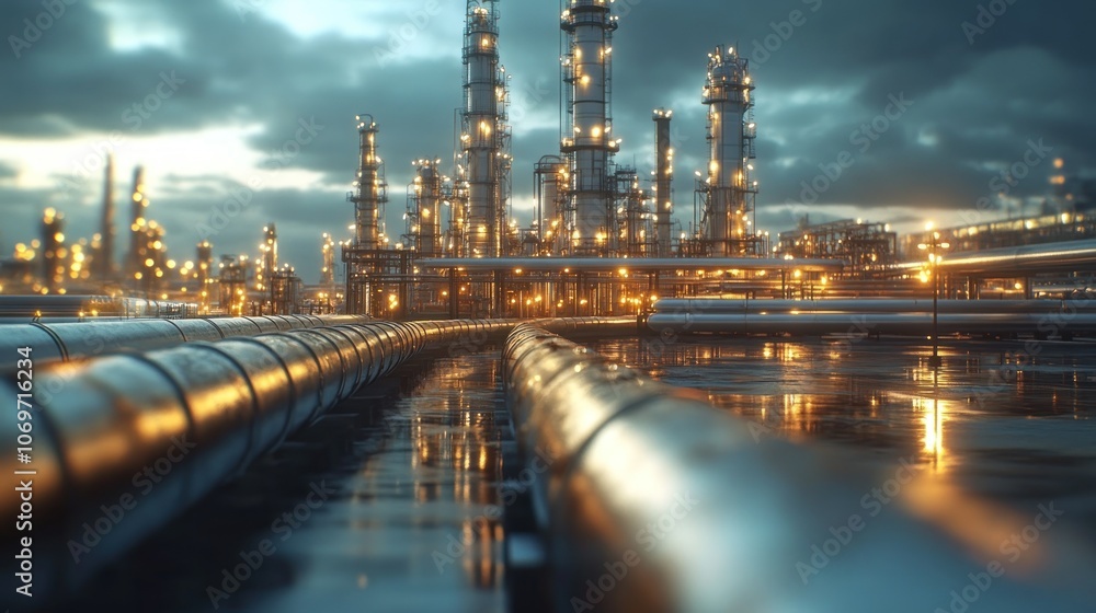 Fototapeta premium Industrial refinery pipelines symbolizing engineering, complexity, and industrial systems.