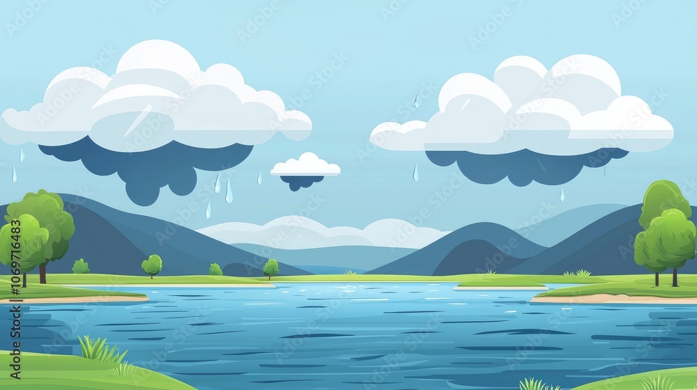 Cartoon Landscape with Rain Clouds and a River Cartoon Landscape with Rain Clouds and a River