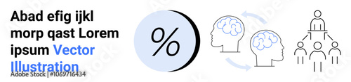 Percentage symbol, two brain icons with arrows, organizational structure. Ideal for educational content, business analysis, teamwork strategies, cognitive processes, data visualization, infographics