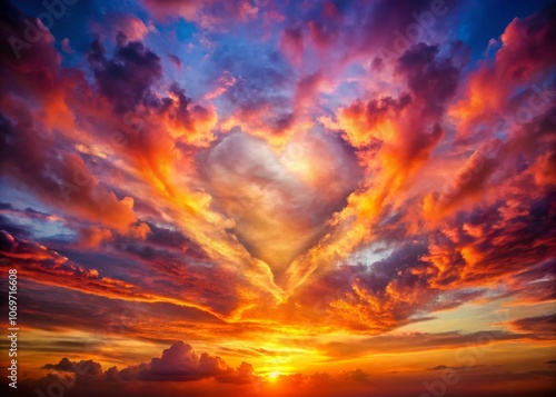 Captivating Image of a Burning Heart in the Sky at Sunset, Symbolizing Passion and Emotion with Clouds and Vibrant Colors in a Stunning Rule of Thirds Composition