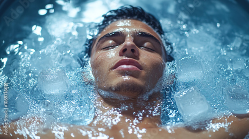 Young athlete relaxes in ice bath showcasing his focused facial expression for recovery and performance enhancement