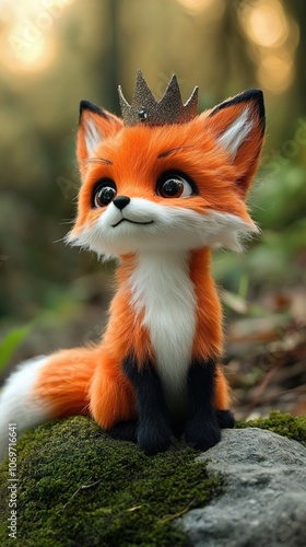 A Cute Orange Fox Wearing a Glittery Crown Sitting on a Mossy Rock