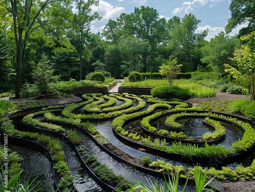 A garden maze with walls made of water constantly shifting and flowing