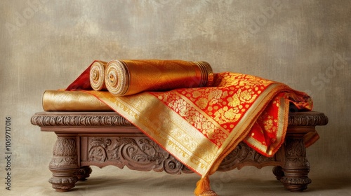 A traditional gold and red Banarasi sari, artfully arranged on a simple wooden stand, creating a stunning visual against a plain beige backdrop photo