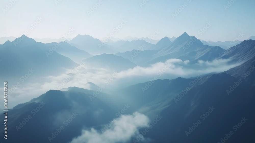 Majestic Mountain Panorama with Misty Clouds at Dawn - A Serene Aerial View Majestic Mountain Panorama with Misty Clouds at Dawn - A Serene Aerial View