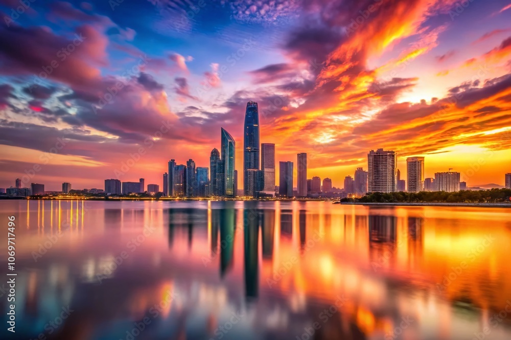 Obraz premium Captivating Long Exposure of Abu Dhabi Sunset with a Panoramic View of Iconic Landmarks and the Tranquil Arabian Gulf, Showcasing Vibrant Colors and Serene Atmosphere