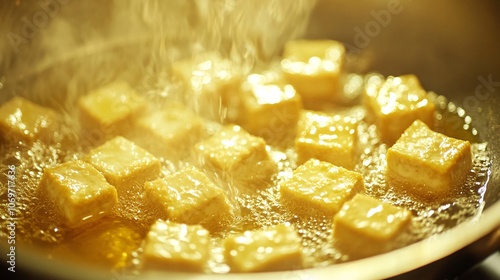 crispy golden tofu cubes being fried in a traditional thai pan, perfectly squared edges turning amber, oil is bubbling and foaming around crispy cornstarch coating, steam rising with aromatic soy photo