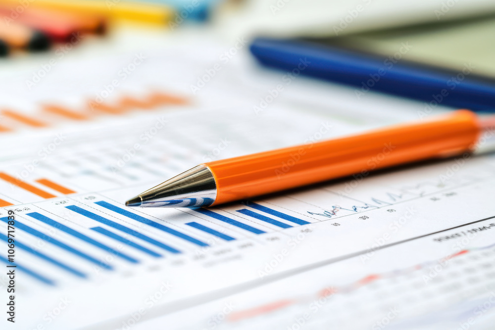 Orange pen laying on chart with blue and orange bar graphs Orange pen laying on chart with blue and orange bar graphs
