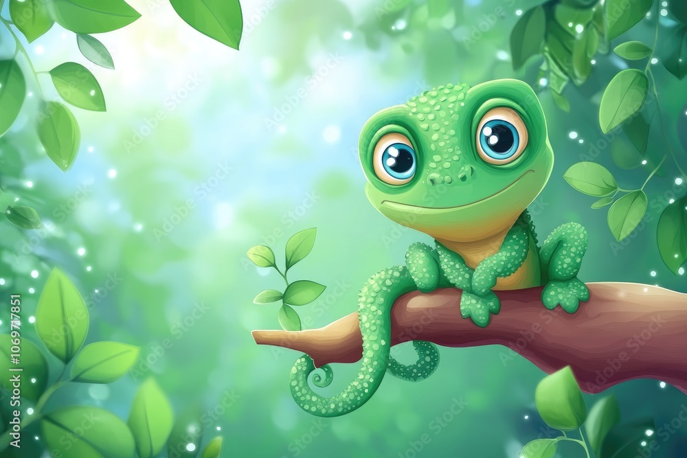 Fototapeta premium A Cartoon Green Chameleon Perched on a Branch in a Lush Forest