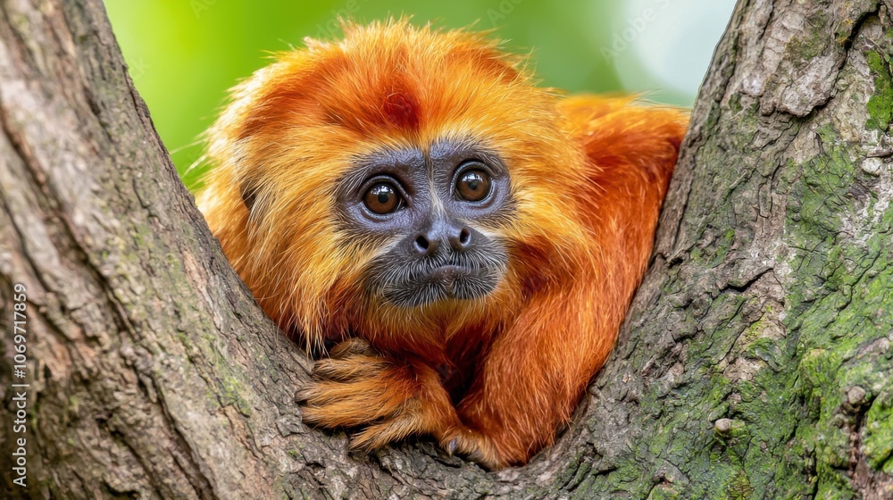 Golden Lion Tamarin on Tree Branch in Nature Golden Lion Tamarin on Tree Branch in Nature