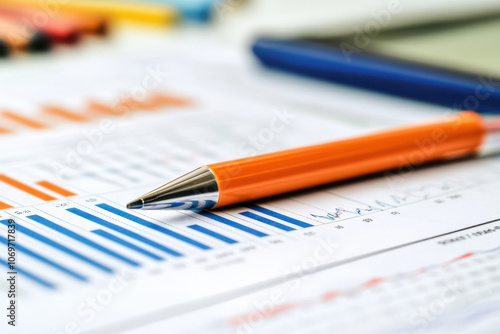 Orange pen laying on chart with blue and orange bar graphs