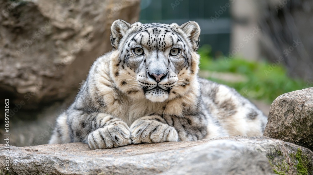 Majestic Snow Leopard Relaxing on Rocks Majestic Snow Leopard Relaxing on Rocks