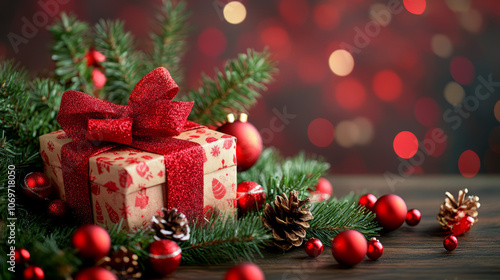 Beautifully Wrapped Christmas Gift Box.Festive Christmas Gift Boxes Background with Holiday Sparkle.