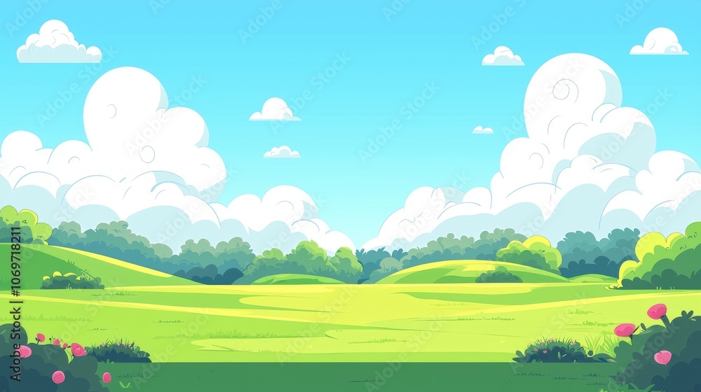 Fototapeta premium Cartoon Landscape with Rolling Hills, Green Grass, and White Clouds