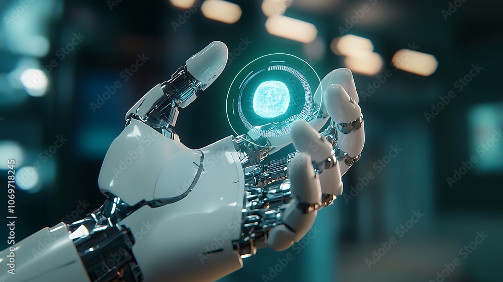 Robotic Hand Holding a Futuristic Tablet Robotic Hand Holding a Futuristic Tablet