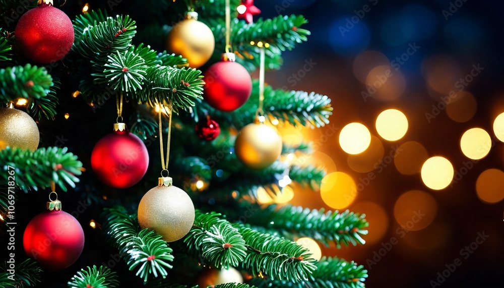 Obraz premium Festive christmas tree decorated with colorful baubles and glowing lights