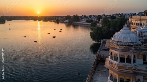 A tranquil sunset view of the Rani Durgavati Palace, showcasing its historical architecture and serene surroundings that invite reflection and admiration photo