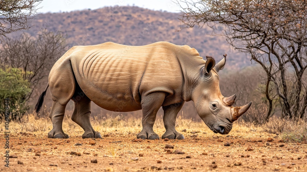Majestic Rhinoceros Grazing in Natural Habitat Majestic Rhinoceros Grazing in Natural Habitat