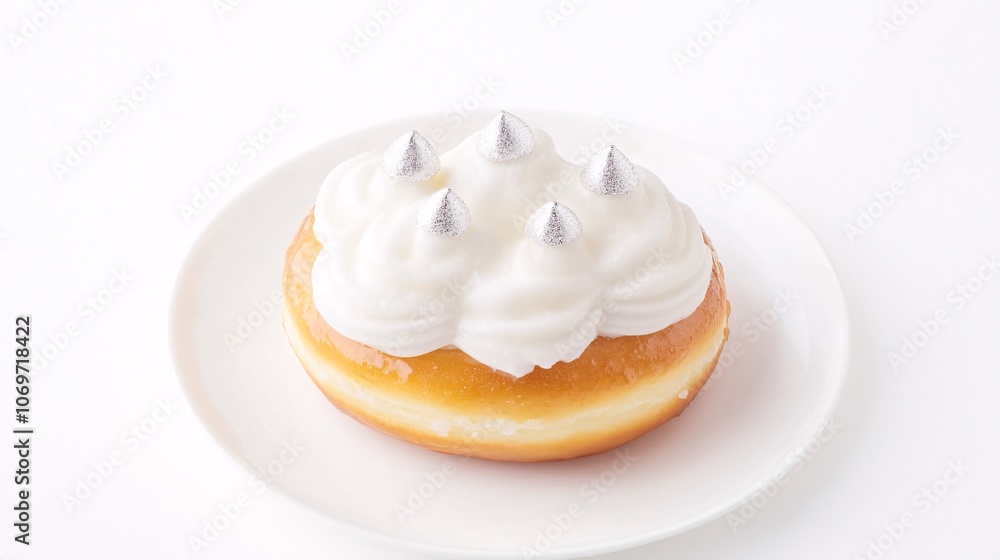 food photography of cute artistic cloud shaped donut for kid, smile, vanilla bean glazed with bavarian cream, fluffy whipped texture, silver dragées for rain drops, pearlescent finish, ethereal food photography of cute artistic cloud shaped donut for kid, smile, vanilla bean glazed with bavarian cream, fluffy whipped texture, silver dragées for rain drops, pearlescent finish, ethereal