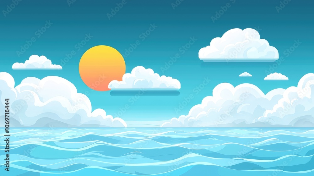Cartoon illustration of a bright blue sea with clouds and a sun in the sky Cartoon illustration of a bright blue sea with clouds and a sun in the sky