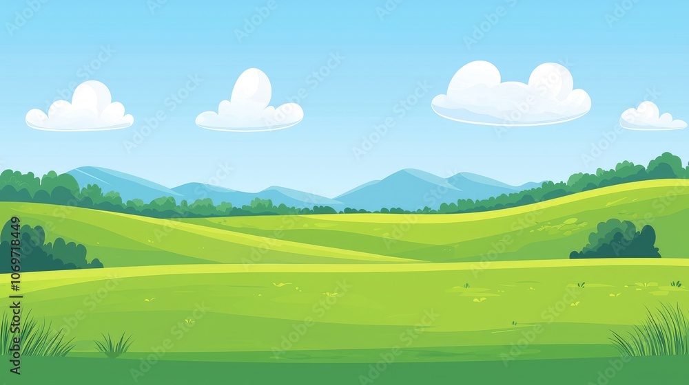 Cartoon Landscape with Green Hills, Blue Mountains, and White Clouds Cartoon Landscape with Green Hills, Blue Mountains, and White Clouds