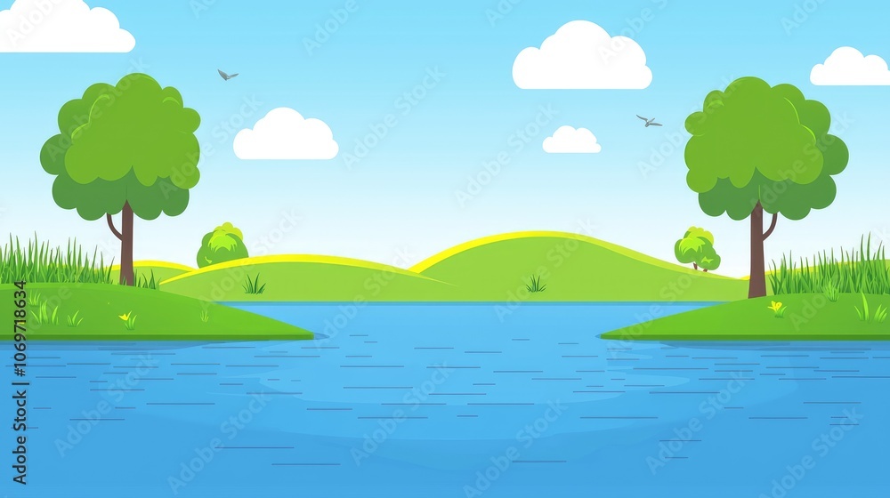 Obraz premium Cartoon Landscape with Green Hills, Blue River, and Trees