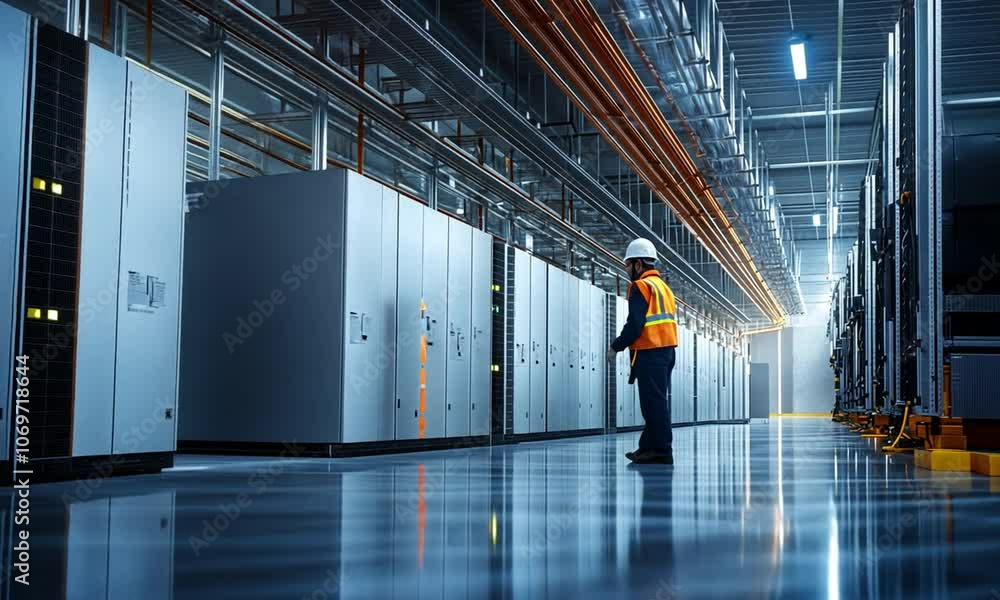Technician inspecting electrical equipment in a server room Technician inspecting electrical equipment in a server room