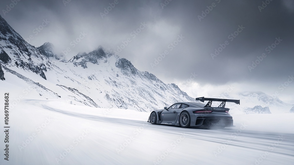 gunmetal grey time attack car, high-speed rolling shot, snow-covered mountain pass, dramatic alpine backdrop, winter racing scene, moody overcast sky, extreme motorsport narrative gunmetal grey time attack car, high-speed rolling shot, snow-covered mountain pass, dramatic alpine backdrop, winter racing scene, moody overcast sky, extreme motorsport narrative